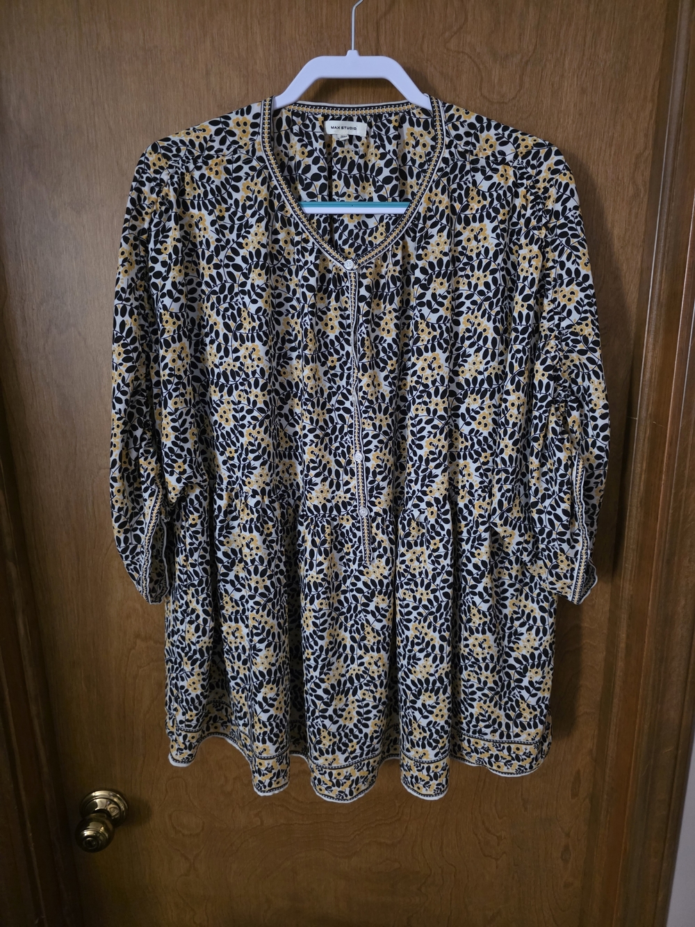 Max Studio Navy and Mustard Floral Peasant Tunic